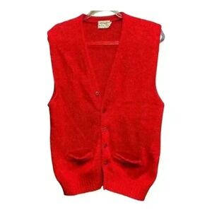 Vintage Fall River Mills Shetland Wool Sweater Vest Men's L Red Cardigan USA